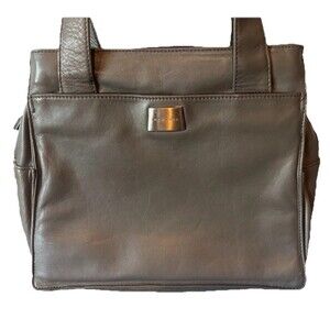 PERLINA Handbag Gray Leather Magnetic Shoulder Bag Satchel Tote Purse 3 Pocket
